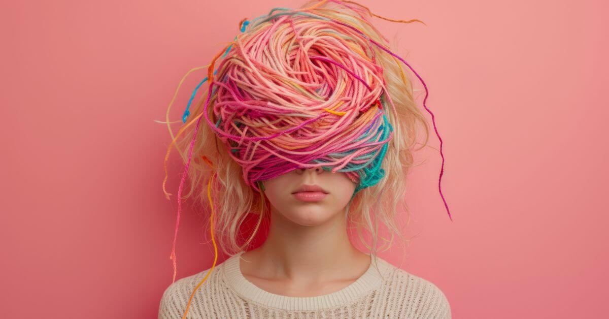 AI image of a woman with wool strands wrapped around her head and eyes